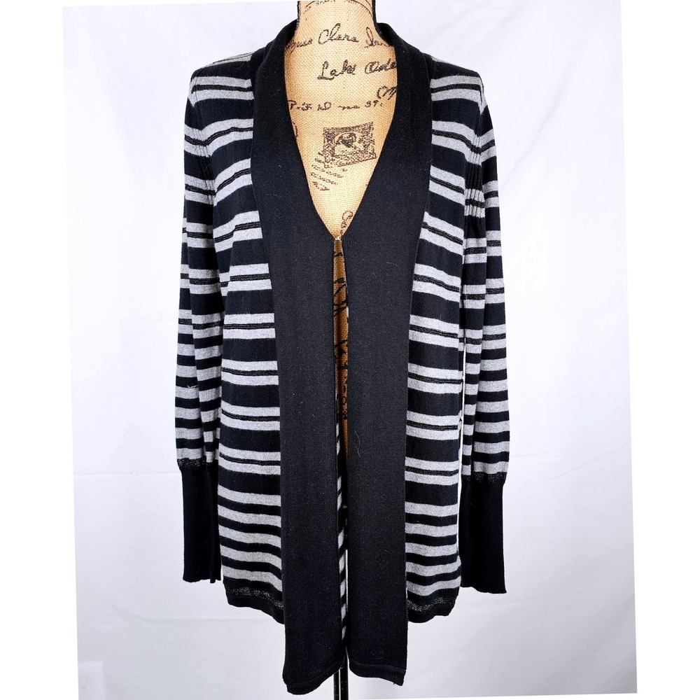 DKNY Jeans Black Grey Stripe Open Front Long‎ Sleeve Cardigan Sweater M